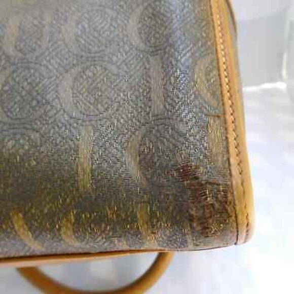 Vintage GUCCI Tan Monogram Canvas Leather Trim Spell-Out Logo Satchel - Picture 7 of 12